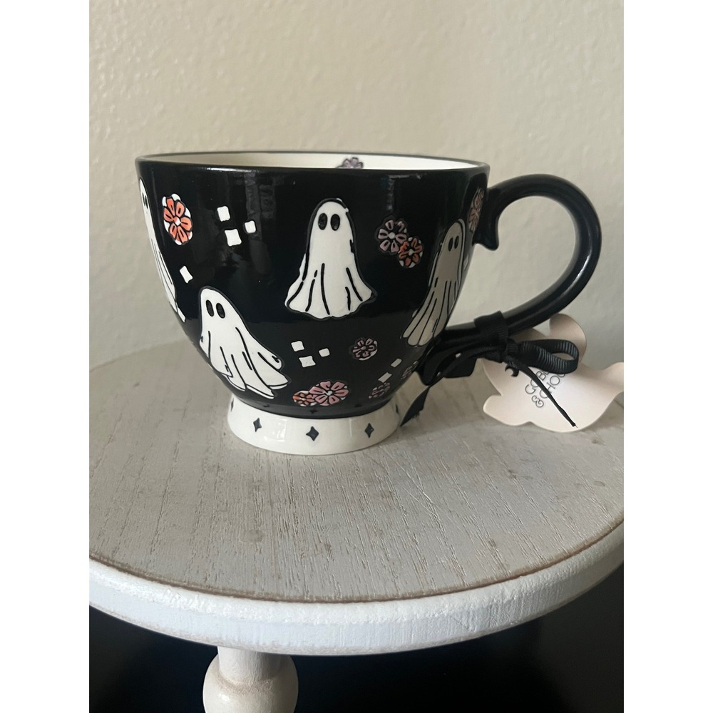 Potters Studio Halloween Ghost Mug Black Floral Goblin & Ghoul Ceramic Cup NEW